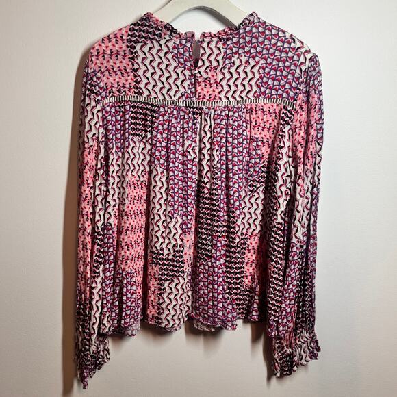 Fate Top Women L Pink Purple Long Sleeve Modest Abstract Ruffle Blouse Career - Picture 2 of 5